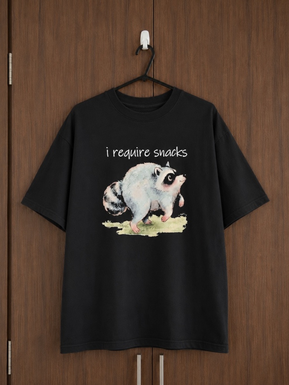 Jimothy Raccoon I Require Snacks Black Graphic T-Shirt